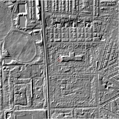 Shaded relief map of the ground around M147LG, computed from Environment Agency LiDAR. The ground here sits at about 31 m above sea level and falls 5 m across the surrounding 800 m. Surface water reaching this point runs off ground lying to the north-east, 3.9 m higher.