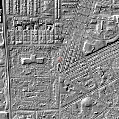 Shaded relief map of the ground around M147LH, computed from Environment Agency LiDAR. The ground here sits at about 32 m above sea level and falls 6 m across the surrounding 800 m. Surface water reaching this point runs off ground lying to the north-east, 4.2 m higher.