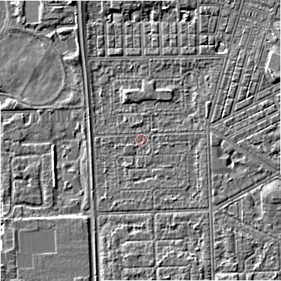 Shaded relief map of the ground around M147LJ, computed from Environment Agency LiDAR. The ground here sits at about 31 m above sea level and falls 5 m across the surrounding 800 m. Surface water reaching this point runs off ground lying to the east-north-east, 1.4 m higher.