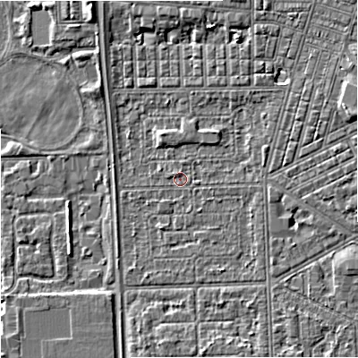 Shaded relief map of the ground around M147LL, computed from Environment Agency LiDAR. The ground here sits at about 31 m above sea level and falls 5 m across the surrounding 800 m. Surface water reaching this point runs off ground lying to the east-north-east, 1.4 m higher.