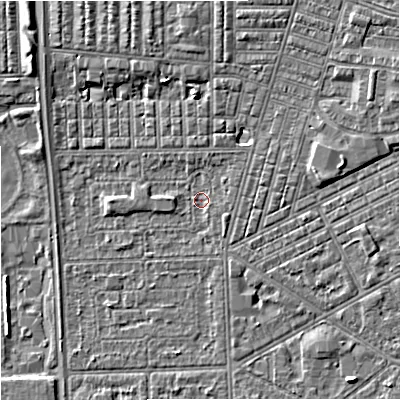 Shaded relief map of the ground around M147LN, computed from Environment Agency LiDAR. The ground here sits at about 32 m above sea level and falls 5 m across the surrounding 800 m. Surface water reaching this point runs off ground lying to the north-east, 1.1 m higher.