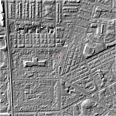 Shaded relief map of the ground around M147LP, computed from Environment Agency LiDAR. The ground here sits at about 32 m above sea level and falls 6 m across the surrounding 800 m. Surface water reaching this point runs off ground lying to the north-east, 0.8 m higher.