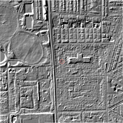 Shaded relief map of the ground around M147LQ, computed from Environment Agency LiDAR. The ground here sits at about 31 m above sea level and falls 6 m across the surrounding 800 m. Surface water reaching this point runs off ground lying to the north-east, 3.9 m higher.