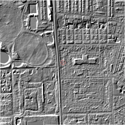 Shaded relief map of the ground around M147LR, computed from Environment Agency LiDAR. The ground here sits at about 31 m above sea level and falls 6 m across the surrounding 800 m. Surface water reaching this point runs off ground lying to the south-west, 0.9 m higher.