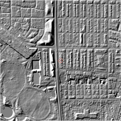 Shaded relief map of the ground around M147LT, computed from Environment Agency LiDAR. The ground here sits at about 33 m above sea level and falls 6 m across the surrounding 800 m. Surface water reaching this point runs off ground lying to the north-north-east, 1.1 m higher.