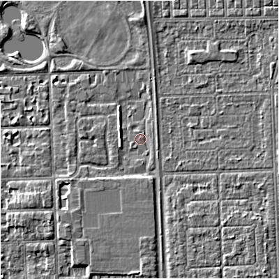 Shaded relief map of the ground around M147LU, computed from Environment Agency LiDAR. The ground here sits at about 31 m above sea level and falls 5 m across the surrounding 800 m. Surface water reaching this point runs off ground lying to the south-east, 3.0 m higher.