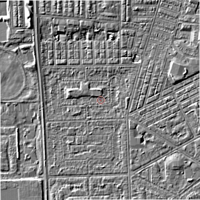 Shaded relief map of the ground around M147LW, computed from Environment Agency LiDAR. The ground here sits at about 32 m above sea level and falls 5 m across the surrounding 800 m. Surface water reaching this point runs off ground lying to the north-east, 1.1 m higher.