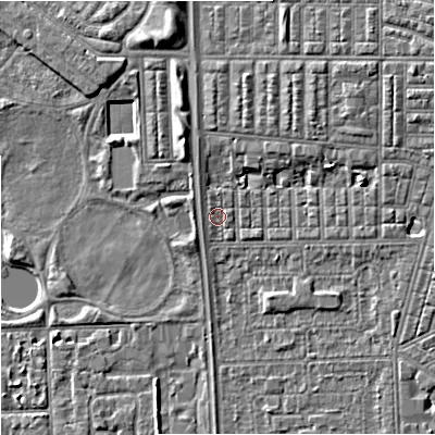 Shaded relief map of the ground around M147LZ, computed from Environment Agency LiDAR. The ground here sits at about 32 m above sea level and falls 6 m across the surrounding 800 m. Surface water reaching this point runs off ground lying to the north-west, 0.9 m higher.