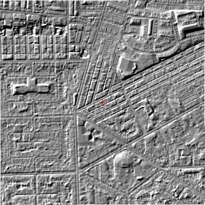 Shaded relief map of the ground around M147NS, computed from Environment Agency LiDAR. The ground here sits at about 32 m above sea level and falls 6 m across the surrounding 800 m. Surface water reaching this point runs off ground lying to the north-east, 3.2 m higher.