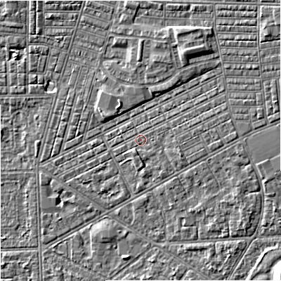 Shaded relief map of the ground around M147QD, computed from Environment Agency LiDAR. The ground here sits at about 33 m above sea level and falls 7 m across the surrounding 800 m. Surface water reaching this point runs off ground lying to the east-north-east, 2.1 m higher.