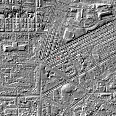 Shaded relief map of the ground around M147QF, computed from Environment Agency LiDAR. The ground here sits at about 33 m above sea level and falls 6 m across the surrounding 800 m. Surface water reaching this point runs off ground lying to the east-north-east, 2.9 m higher.