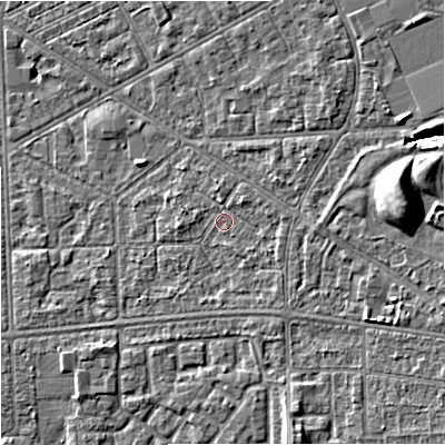 Shaded relief map of the ground around M147RA, computed from Environment Agency LiDAR. The ground here sits at about 33 m above sea level and falls 10 m across the surrounding 800 m. Surface water reaching this point runs off ground lying to the east, 1.6 m higher.