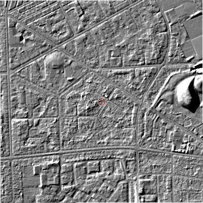 Shaded relief map of the ground around M147RB, computed from Environment Agency LiDAR. The ground here sits at about 33 m above sea level and falls 10 m across the surrounding 800 m. Surface water reaching this point runs off ground lying to the east, 1.6 m higher.