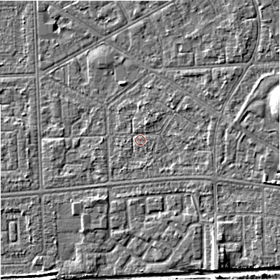 Shaded relief map of the ground around M147RD, computed from Environment Agency LiDAR. The ground here sits at about 33 m above sea level and falls 9 m across the surrounding 800 m. Surface water reaching this point runs off ground lying to the east-south-east, 2.8 m higher.
