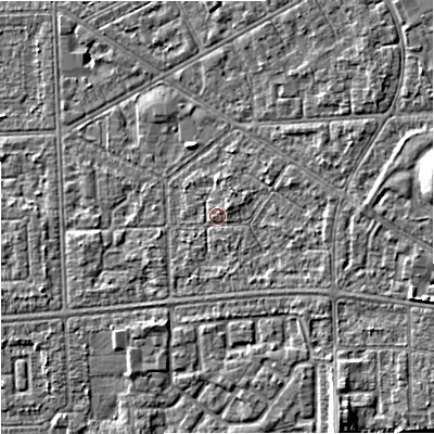 Shaded relief map of the ground around M147RE, computed from Environment Agency LiDAR. The ground here sits at about 33 m above sea level and falls 8 m across the surrounding 800 m. Surface water reaching this point runs off ground lying to the east-south-east, 2.6 m higher.
