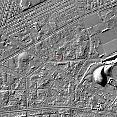 Shaded relief map of the ground around M147RF, computed from Environment Agency LiDAR. The ground here sits at about 34 m above sea level and falls 10 m across the surrounding 800 m. Surface water reaching this point runs off ground lying to the north-east, 2.2 m higher.
