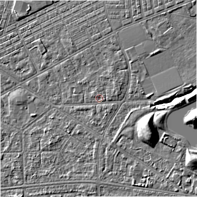 Shaded relief map of the ground around M147RG, computed from Environment Agency LiDAR. The ground here sits at about 34 m above sea level and falls 10 m across the surrounding 800 m. Surface water reaching this point runs off ground lying to the north-north-east, 1.7 m higher.