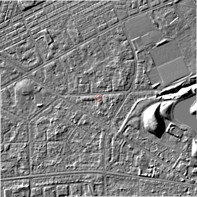 Shaded relief map of the ground around M147RH, computed from Environment Agency LiDAR. The ground here sits at about 34 m above sea level and falls 9 m across the surrounding 800 m. Surface water reaching this point runs off ground lying to the north-north-east, 1.9 m higher.