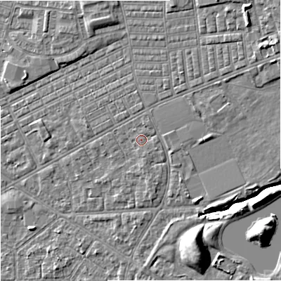 Shaded relief map of the ground around M147RJ, computed from Environment Agency LiDAR. The ground here sits at about 35 m above sea level and falls 10 m across the surrounding 800 m. Surface water reaching this point runs off ground lying to the north-east, 2.0 m higher.