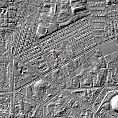 Shaded relief map of the ground around M147RN, computed from Environment Agency LiDAR. The ground here sits at about 34 m above sea level and falls 10 m across the surrounding 800 m. Surface water reaching this point runs off ground lying to the north-west, 1.1 m higher.