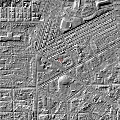 Shaded relief map of the ground around M147RP, computed from Environment Agency LiDAR. The ground here sits at about 33 m above sea level and falls 6 m across the surrounding 800 m. Surface water reaching this point runs off ground lying to the east-south-east, 1.0 m higher.