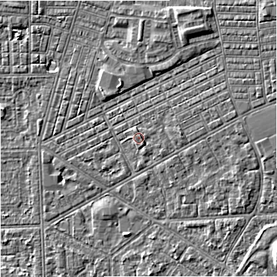 Shaded relief map of the ground around M147RT, computed from Environment Agency LiDAR. The ground here sits at about 34 m above sea level and falls 6 m across the surrounding 800 m. Surface water reaching this point runs off ground lying to the east-north-east, 0.9 m higher.