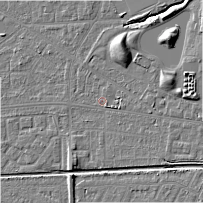 Shaded relief map of the ground around M147SA, computed from Environment Agency LiDAR. The ground here sits at about 34 m above sea level and falls 11 m across the surrounding 800 m. Surface water reaching this point runs off ground lying to the east, 2.9 m higher.