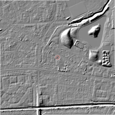 Shaded relief map of the ground around M147SD, computed from Environment Agency LiDAR. The ground here sits at about 34 m above sea level and falls 11 m across the surrounding 800 m. Surface water reaching this point runs off ground lying to the north-east, 8.5 m higher.
