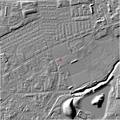 Shaded relief map of the ground around M147UU, computed from Environment Agency LiDAR. The ground here sits at about 36 m above sea level and falls 10 m across the surrounding 800 m. Surface water reaching this point runs off ground lying to the north-east, 1.4 m higher.