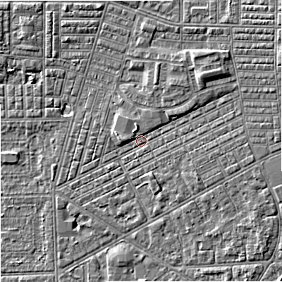 Shaded relief map of the ground around M147WS, computed from Environment Agency LiDAR. The ground here sits at about 33 m above sea level and falls 6 m across the surrounding 800 m. Surface water reaching this point runs off ground lying to the north-east, 3.7 m higher.