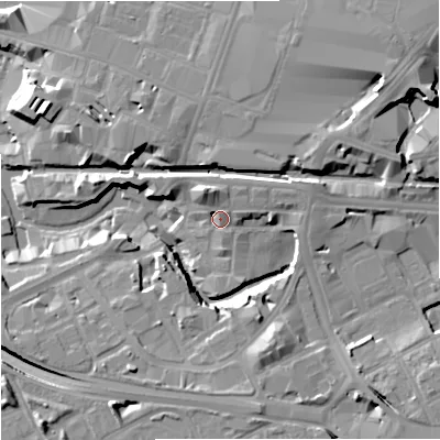 Shaded relief map of the ground around M154GB, computed from Environment Agency LiDAR. The ground here sits at about 31 m above sea level and falls 18 m across the surrounding 800 m. Surface water reaching this point runs off ground lying to the north-east, 4.6 m higher.