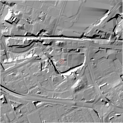 Shaded relief map of the ground around M154JQ, computed from Environment Agency LiDAR. The ground here sits at about 29 m above sea level and falls 18 m across the surrounding 800 m. Surface water reaching this point runs off ground lying to the north-east, 6.1 m higher.