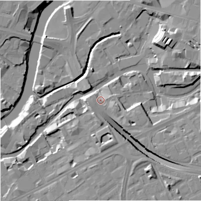 Shaded relief map of the ground around M154LG, computed from Environment Agency LiDAR. The ground here sits at about 30 m above sea level and falls 15 m across the surrounding 800 m. Surface water reaching this point runs off ground lying to the south-east, 11.6 m higher.
