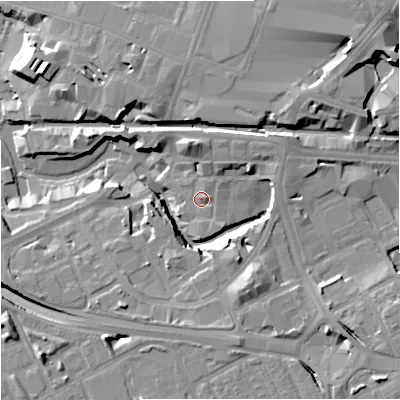 Shaded relief map of the ground around M154PP, computed from Environment Agency LiDAR. The ground here sits at about 29 m above sea level and falls 18 m across the surrounding 800 m. Surface water reaching this point runs off ground lying to the north-east, 5.8 m higher.