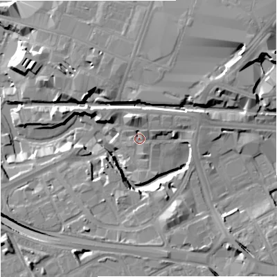 Shaded relief map of the ground around M154PS, computed from Environment Agency LiDAR. The ground here sits at about 30 m above sea level and falls 18 m across the surrounding 800 m. Surface water reaching this point runs off ground lying to the north-east, 5.2 m higher.