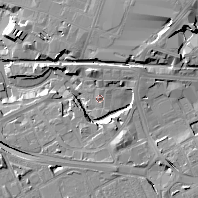Shaded relief map of the ground around M154PY, computed from Environment Agency LiDAR. The ground here sits at about 30 m above sea level and falls 18 m across the surrounding 800 m. Surface water reaching this point runs off ground lying to the north-north-east, 5.8 m higher.
