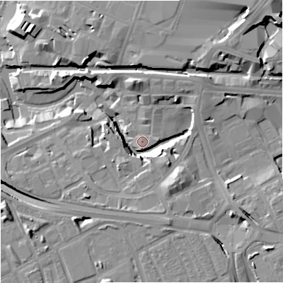 Shaded relief map of the ground around M154QY, computed from Environment Agency LiDAR. The ground here sits at about 29 m above sea level and falls 18 m across the surrounding 800 m. Surface water reaching this point runs off ground lying to the north-north-east, 2.0 m higher.