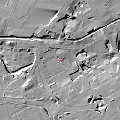 Shaded relief map of the ground around M154RA, computed from Environment Agency LiDAR. The ground here sits at about 31 m above sea level and falls 18 m across the surrounding 800 m. Surface water reaching this point runs off ground lying to the south-east, 12.2 m higher.