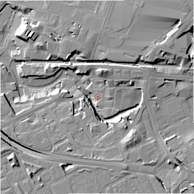Shaded relief map of the ground around M154RQ, computed from Environment Agency LiDAR. The ground here sits at about 28 m above sea level and falls 18 m across the surrounding 800 m. Surface water reaching this point runs off ground lying to the east-north-east, 11.6 m higher.