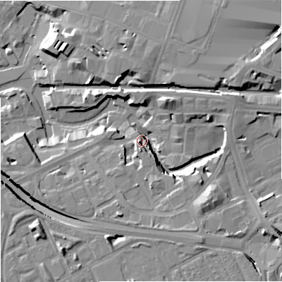 Shaded relief map of the ground around M154YA, computed from Environment Agency LiDAR. The ground here sits at about 29 m above sea level and falls 18 m across the surrounding 800 m. Surface water reaching this point runs off ground lying to the north-north-east, 12.5 m higher.