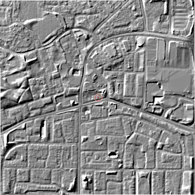 Shaded relief map of the ground around M155DD, computed from Environment Agency LiDAR. The ground here sits at about 32 m above sea level and falls 7 m across the surrounding 800 m. Surface water reaching this point runs off ground lying to the east-north-east, 5.5 m higher.