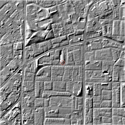 Shaded relief map of the ground around M155FB, computed from Environment Agency LiDAR. The ground here sits at about 32 m above sea level and falls 6 m across the surrounding 800 m. Surface water reaching this point runs off ground lying to the north-east, 4.2 m higher.