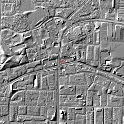 Shaded relief map of the ground around M155GY, computed from Environment Agency LiDAR. The ground here sits at about 32 m above sea level and falls 6 m across the surrounding 800 m. Surface water reaching this point runs off ground lying to the north-east, 5.5 m higher.