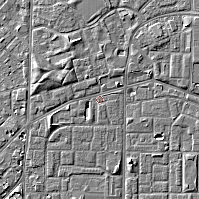 Shaded relief map of the ground around M155PD, computed from Environment Agency LiDAR. The ground here sits at about 32 m above sea level and falls 5 m across the surrounding 800 m. Surface water reaching this point runs off ground lying to the north-east, 2.1 m higher.