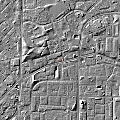 Shaded relief map of the ground around M155PE, computed from Environment Agency LiDAR. The ground here sits at about 32 m above sea level and falls 5 m across the surrounding 800 m. Surface water reaching this point runs off ground lying to the east-north-east, 2.1 m higher.