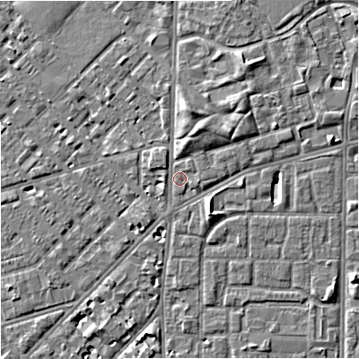 Shaded relief map of the ground around M155PP, computed from Environment Agency LiDAR. The ground here sits at about 32 m above sea level and falls 5 m across the surrounding 800 m. Surface water reaching this point runs off ground lying to the north, 3.0 m higher.