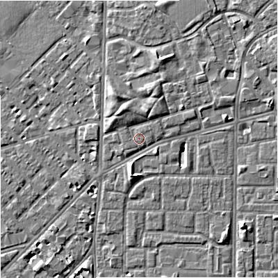 Shaded relief map of the ground around M155PQ, computed from Environment Agency LiDAR. The ground here sits at about 32 m above sea level and falls 5 m across the surrounding 800 m. Surface water reaching this point runs off ground lying to the north-north-east, 0.7 m higher.