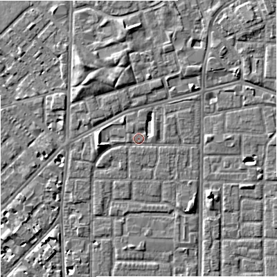 Shaded relief map of the ground around M155QL, computed from Environment Agency LiDAR. The ground here sits at about 32 m above sea level and falls 5 m across the surrounding 800 m. Surface water reaching this point runs off ground lying to the north, 2.4 m higher.