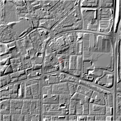 Shaded relief map of the ground around M155WB, computed from Environment Agency LiDAR. The ground here sits at about 33 m above sea level and falls 7 m across the surrounding 800 m. Surface water reaching this point runs off ground lying to the north-north-east, 1.8 m higher.