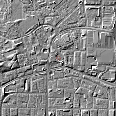 Shaded relief map of the ground around M155WD, computed from Environment Agency LiDAR. The ground here sits at about 32 m above sea level and falls 7 m across the surrounding 800 m. Surface water reaching this point runs off ground lying to the north-north-east, 1.9 m higher.